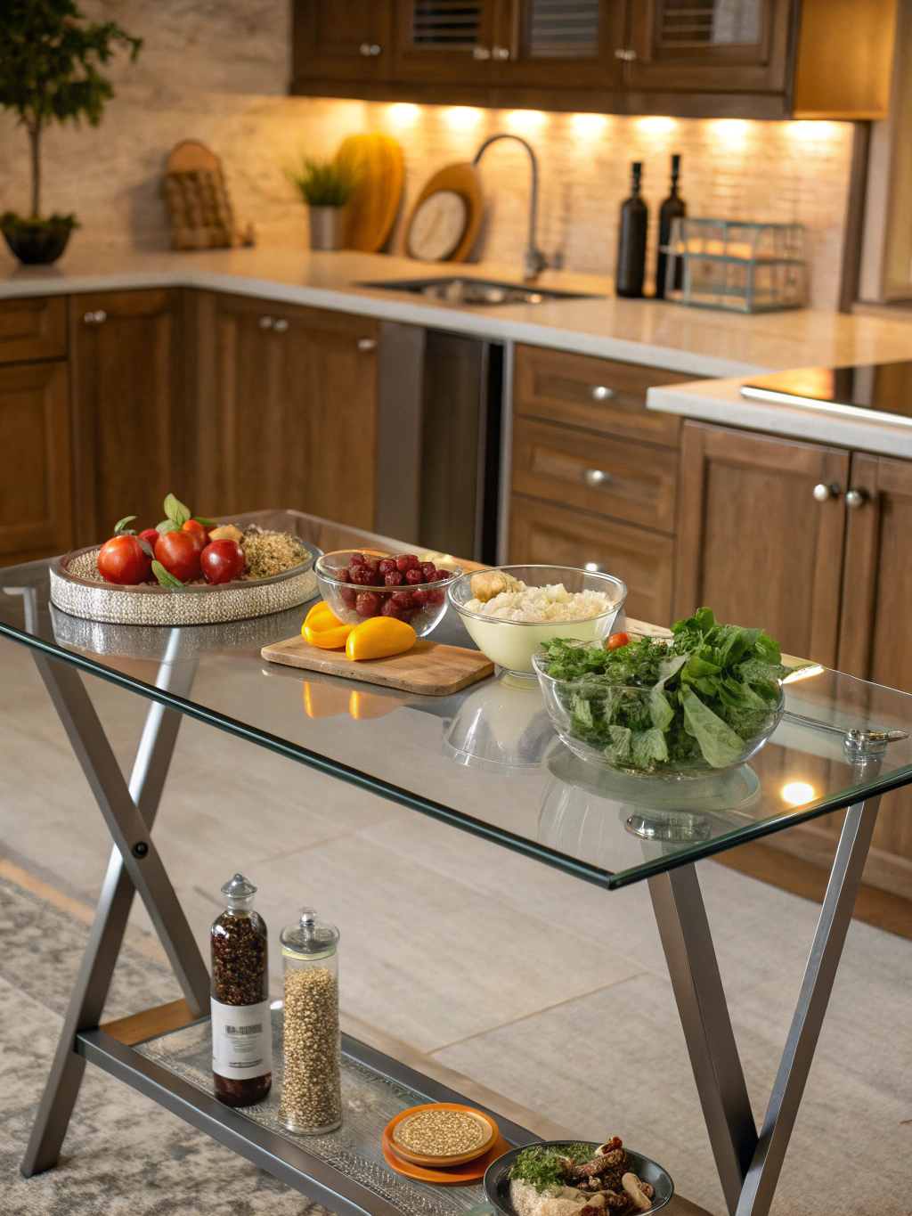 Elegant glass coffee table design with modern metal base for contemporary home living room
